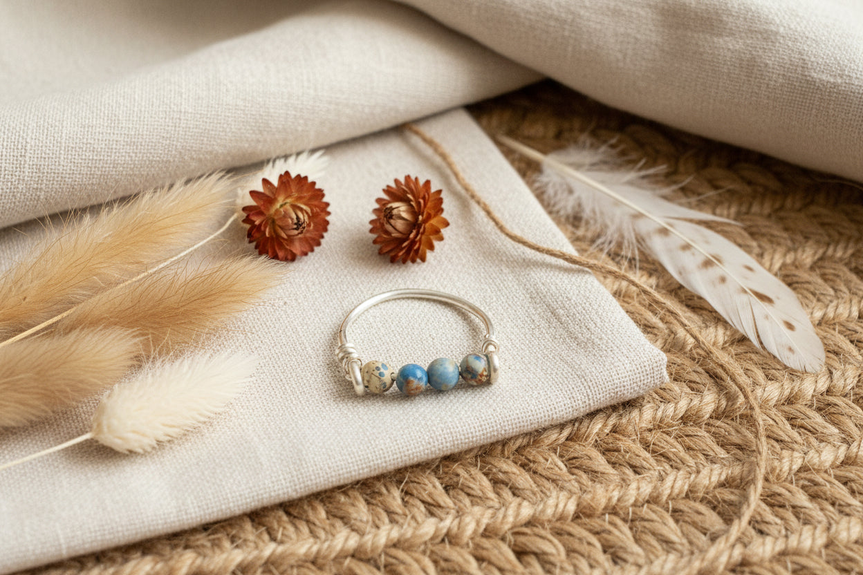 Luna Ring | Blauer Meeressediment-Jaspis | Drahtgewickelt | Gold, Silber oder Roségold | Hypoallergen | Vom Ozean inspiriert