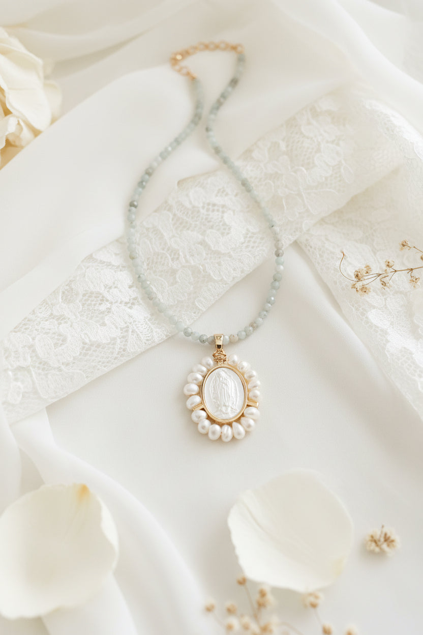 Amazonite Virgin Mary necklace close-up - sterling silver religious faith jewelry