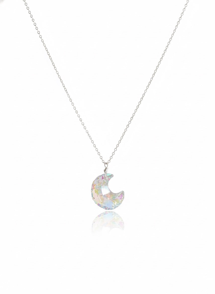 Crescent moon opalite necklace with wire wrapping in sterling silver - boho crystal pendant