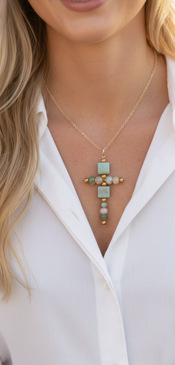 Green blue aventurine cross necklace - religious jewelry Easter Mother's Day gift