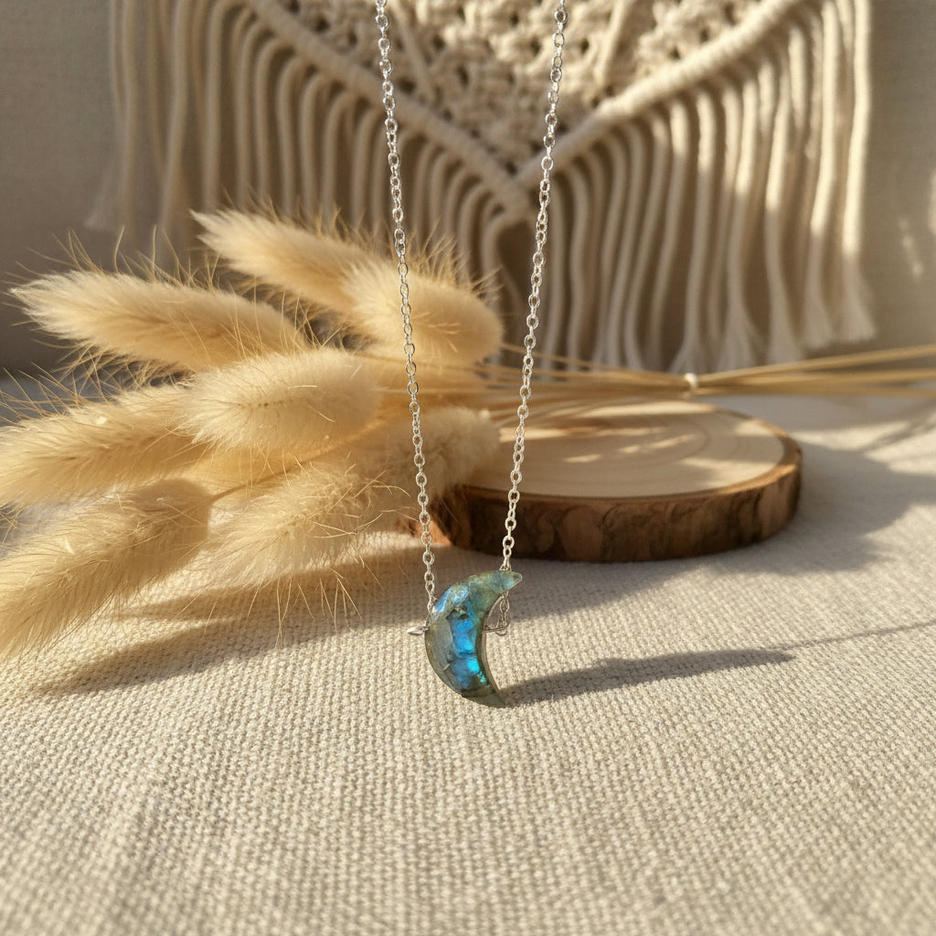 Labradorite crescent necklace close up - AAA hand carved gemstone with color flash California