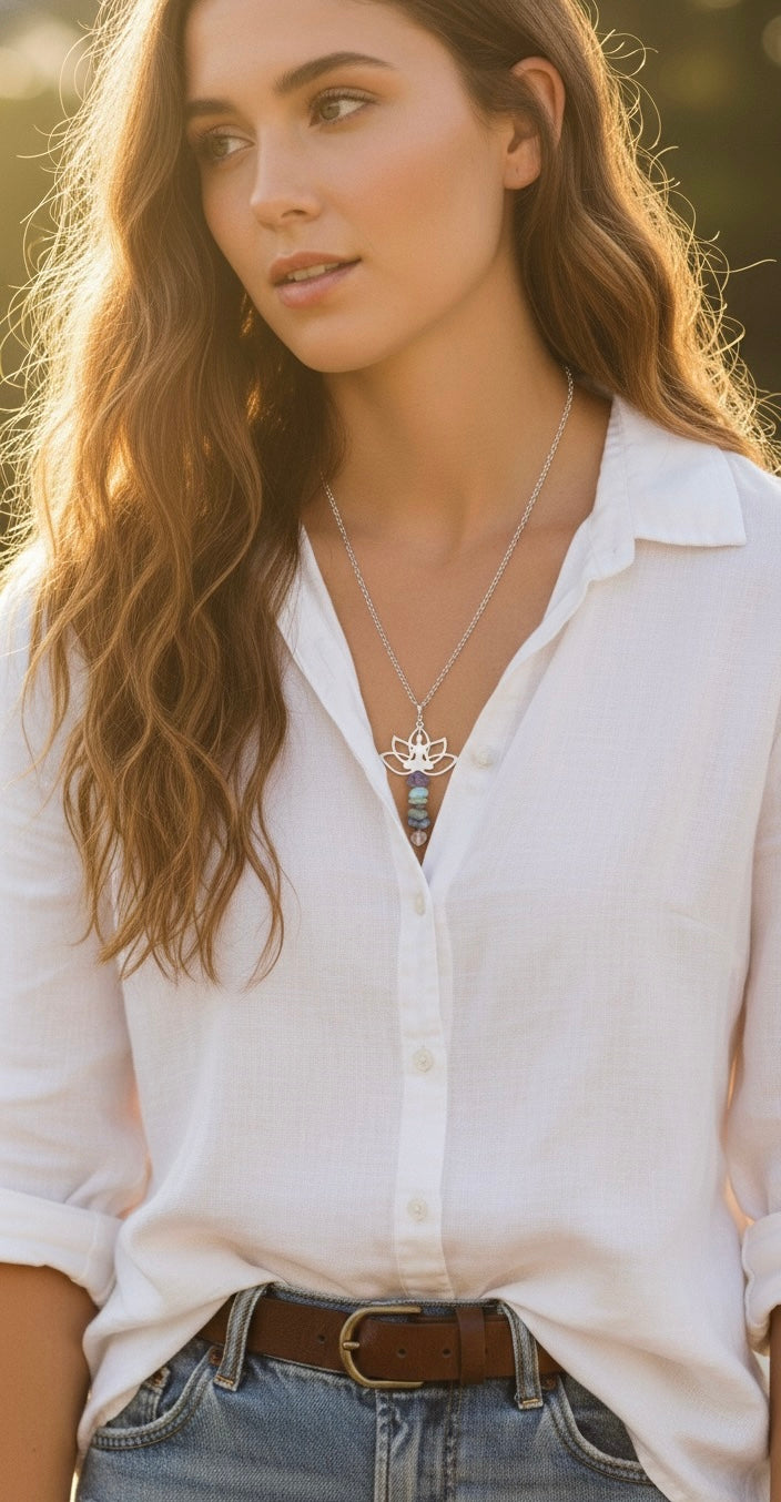 Lotus flower yoga necklace meditation natural stones - spiritual gemstone pendant stainless steel