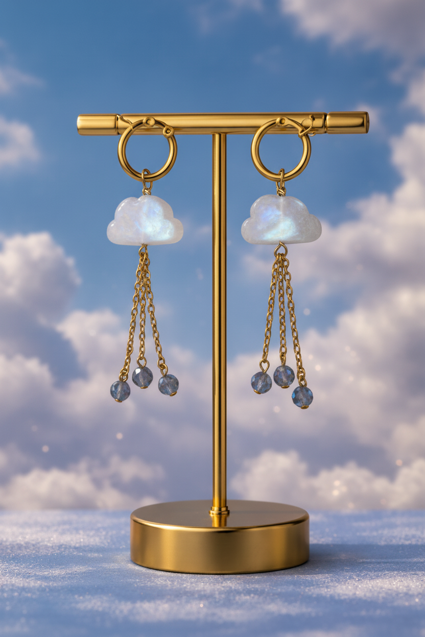 MOONSTONE Gold earring stand with cloud-shaped earrings against a blue sky background
