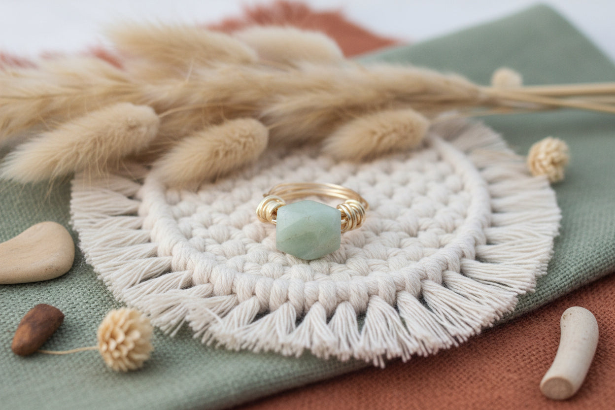Natural blue Amazonite wire wrapped ring detail - artisan crystal chakra jewelry gift for her