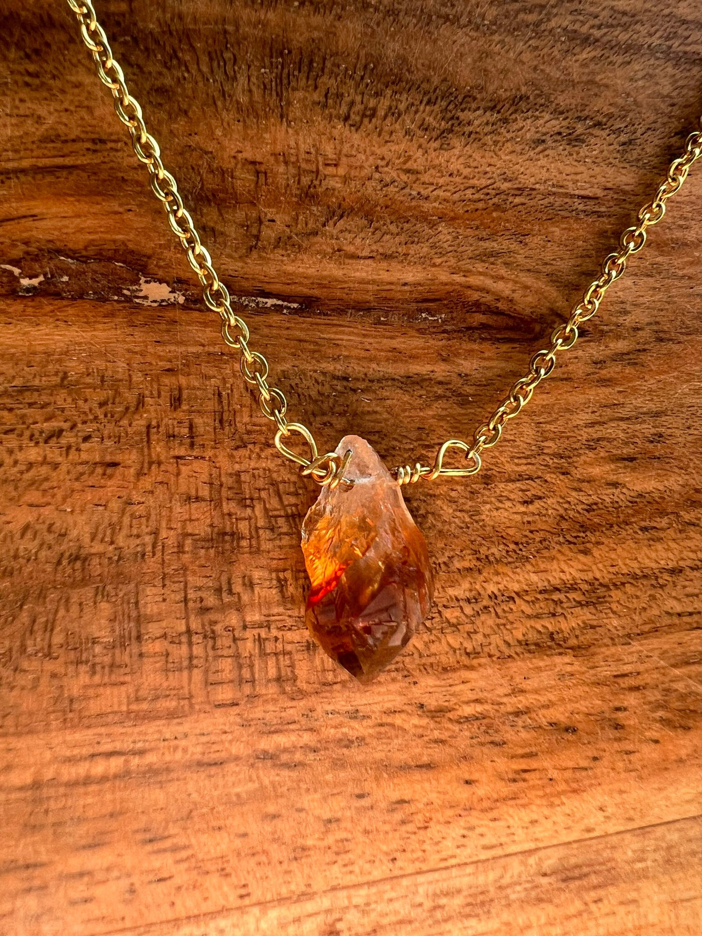 Raw citrine gemstone necklace - natural nugget shape burnt orange stone