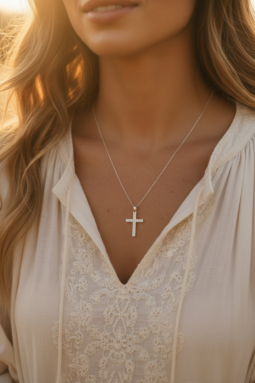Sterling silver mother of pearl cross necklace - bridal and Christian jewelry