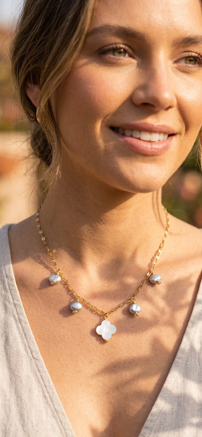 14K gold filled clover necklace mother-of-pearl freshwater pearl - tarnish-resistant one-of-a-kind