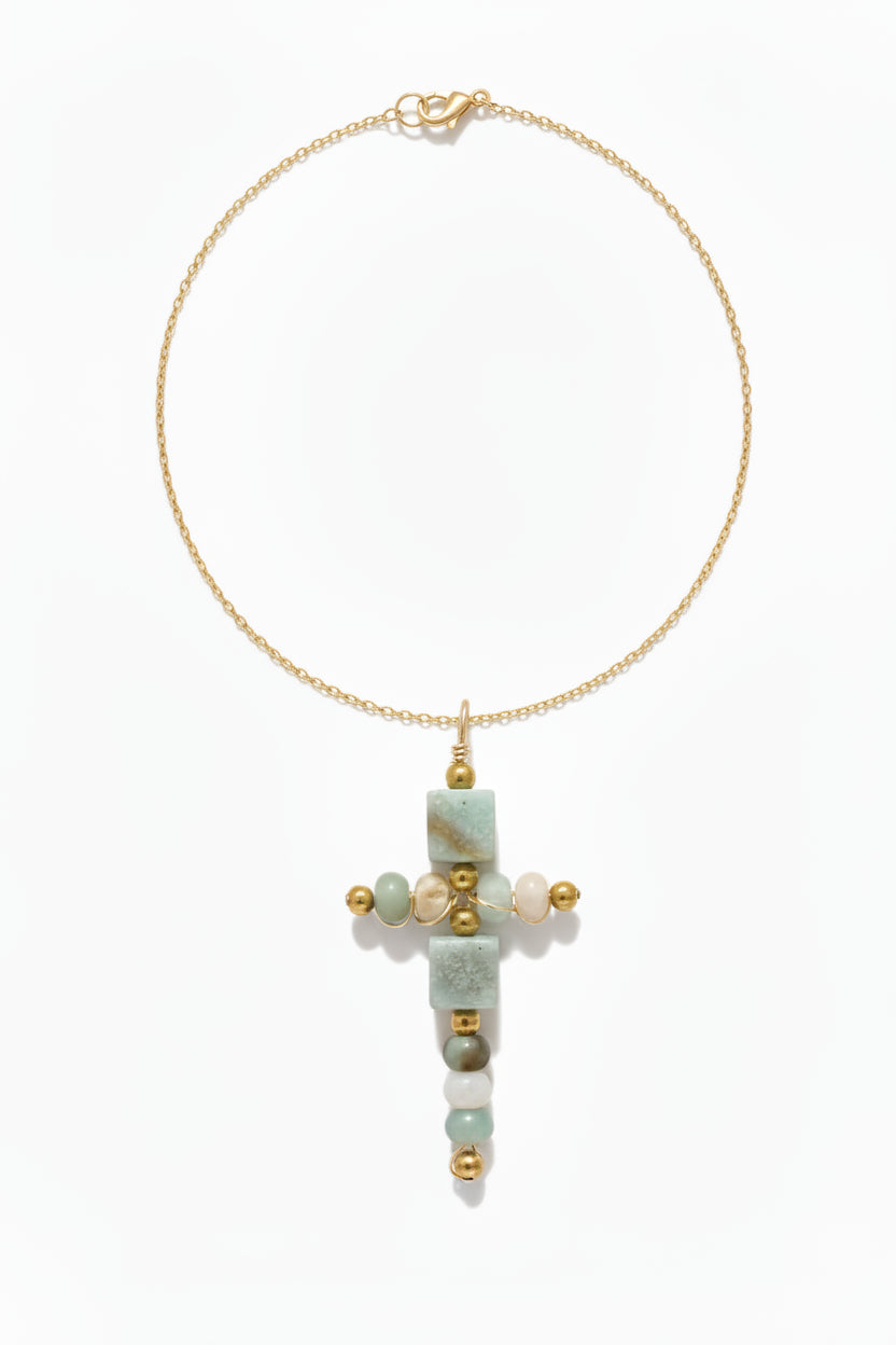 14K gold filled cross necklace with aventurine beads - hypoallergenic Christian jewelry