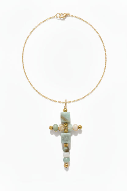 14K gold filled cross necklace with aventurine beads - hypoallergenic Christian jewelry