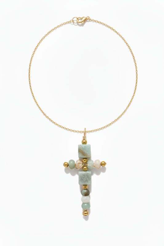 14K gold filled cross necklace with aventurine beads - hypoallergenic Christian jewelry