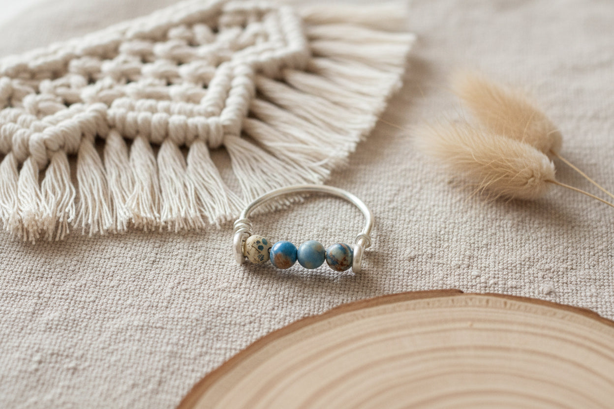 Luna Ring | Blauer Meeressediment-Jaspis | Drahtgewickelt | Gold, Silber oder Roségold | Hypoallergen | Vom Ozean inspiriert