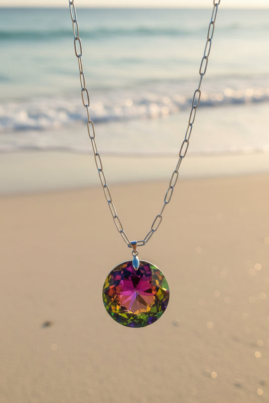 316L stainless steel necklace rainbow crystals close-up - sparkle detai