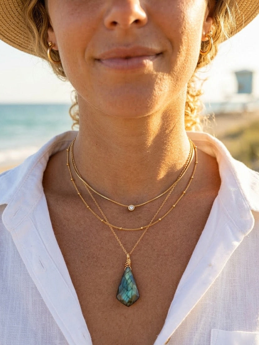 AAA grade labradorite briolette necklace in 14k gold filled chain, handcrafted in California