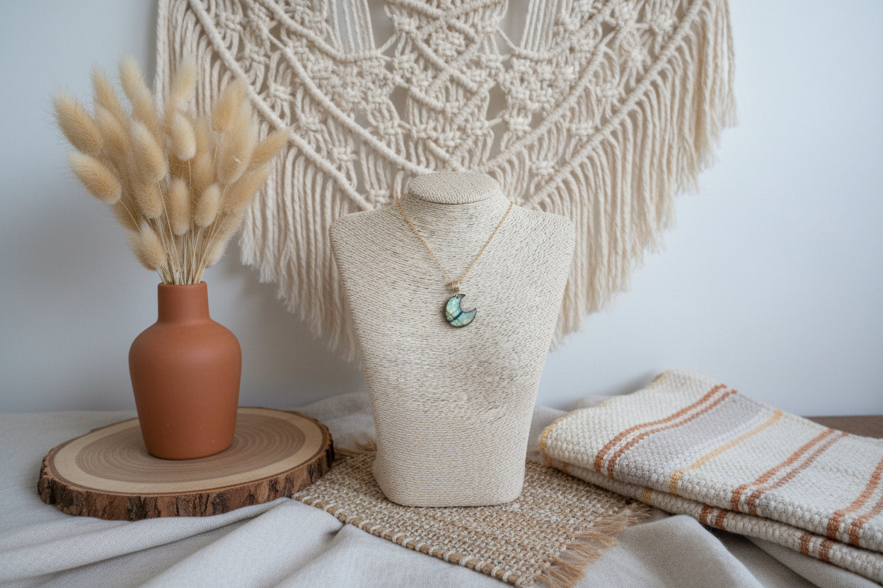 AAA labradorite crescent necklace - sterling silver wire wrapped moon pendant