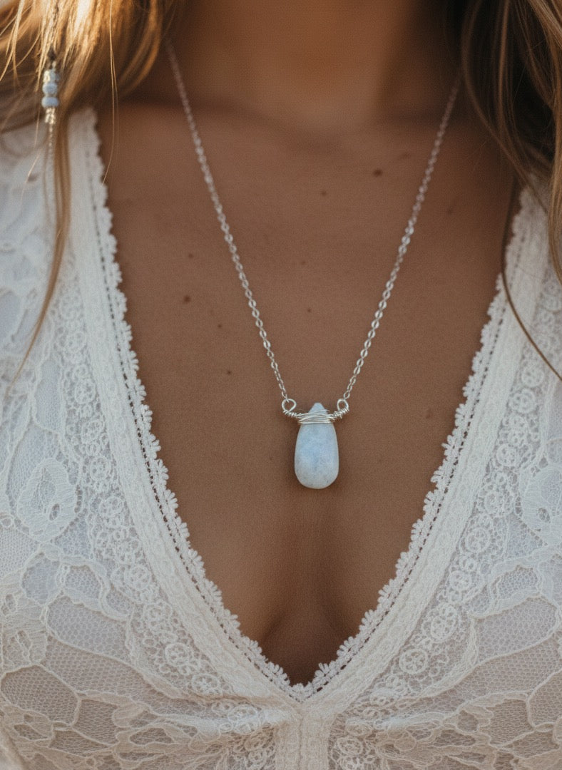  AAA rainbow moonstone teardrop showing natural iridescent colors - handcrafted celestial necklace