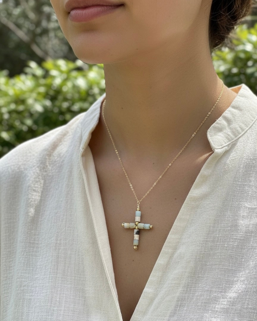 Agate cross necklace on model - hypoallergenic 18 inch gold chain