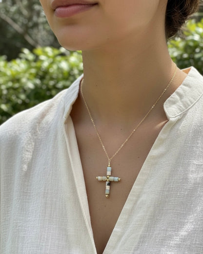 Agate cross necklace on model - hypoallergenic 18 inch gold chain