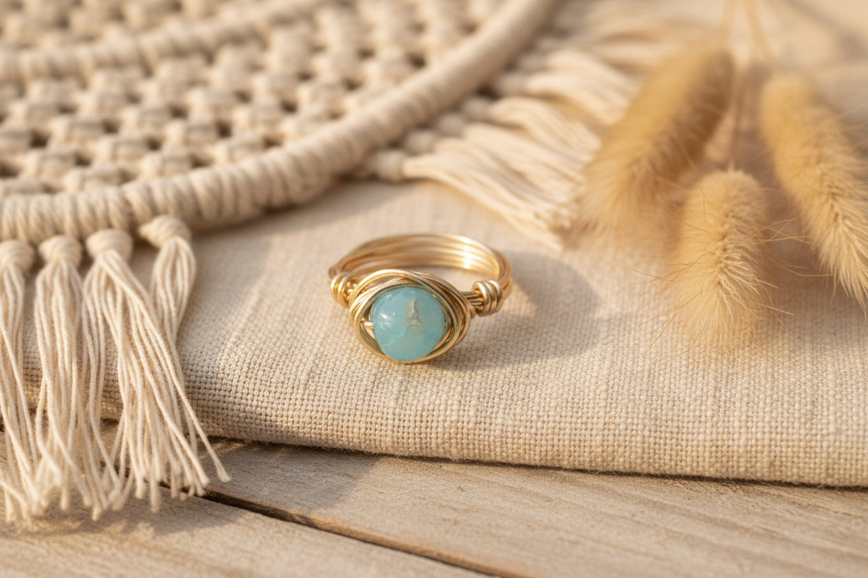 Agate ring on hand - wire wrapped boho gemstone ring for women