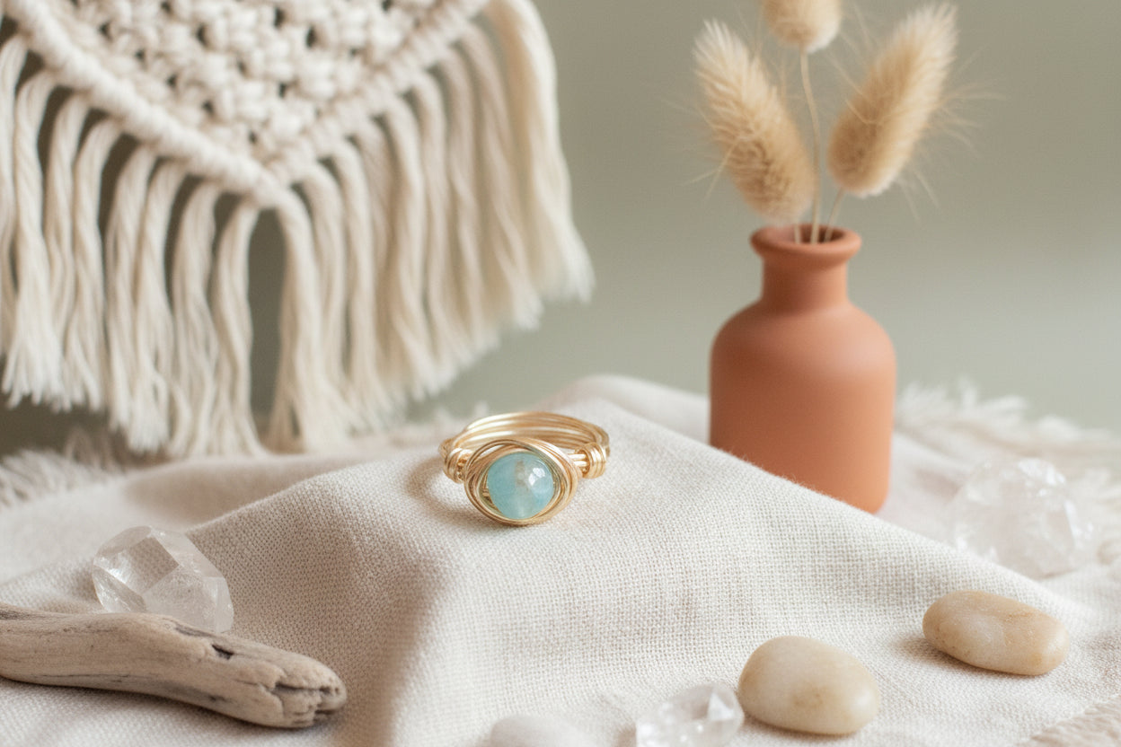 Agate ring wire wrapped - boho gemstone ring close up