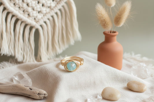 Agate ring wire wrapped - boho gemstone ring close up