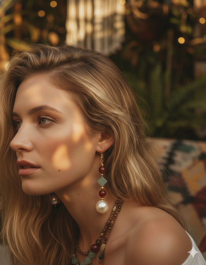 Amazonite and pearl earrings close up - lightweight gold filled handcrafted earrings