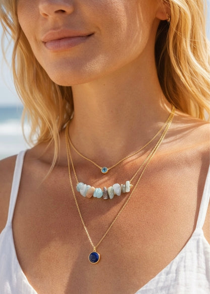 Amazonite bar necklace worn - minimalist layering necklace lifestyle shot on model