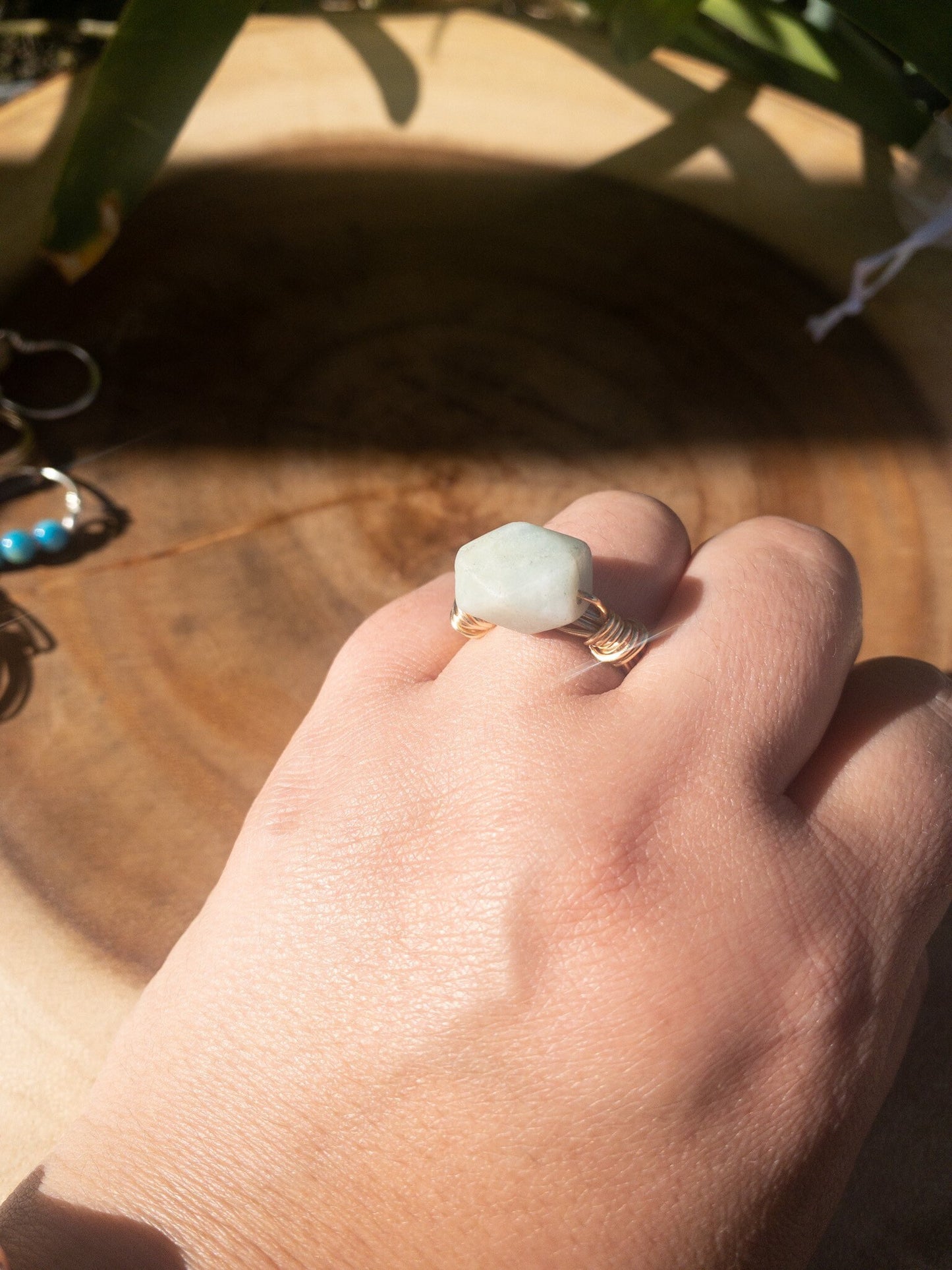Amazonite healing stone ring in silver plated finish - handmade gemstone jewelry boho style