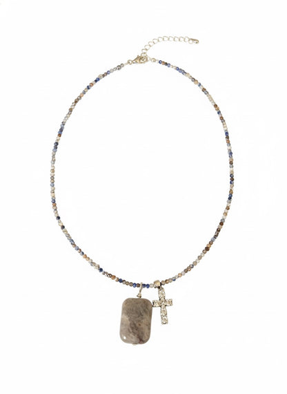 Amethyst cross necklace natural stone beads 18 inch handmade