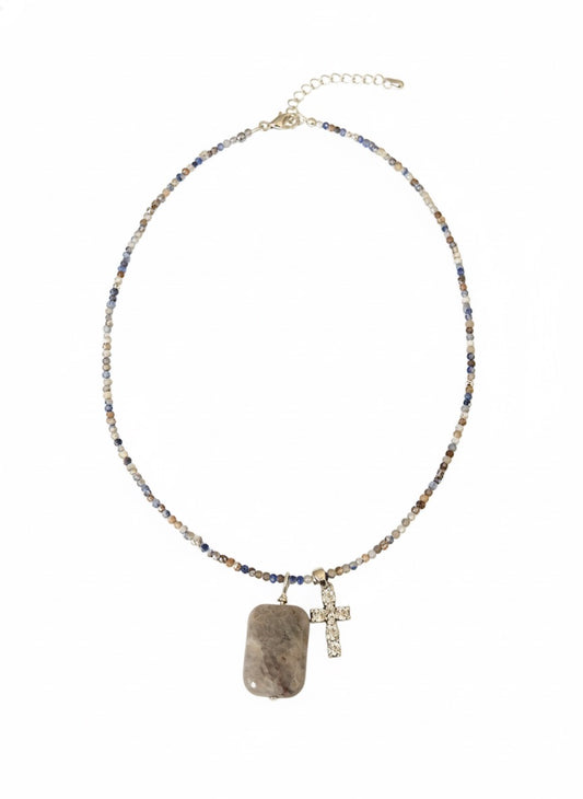 Amethyst cross necklace natural stone beads 18 inch handmade
