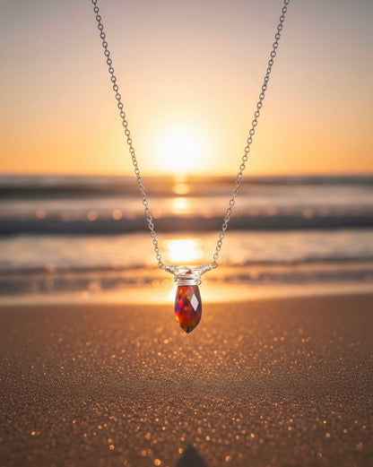 Ammolite drop necklace detail view - handcrafted gemstone jewelry