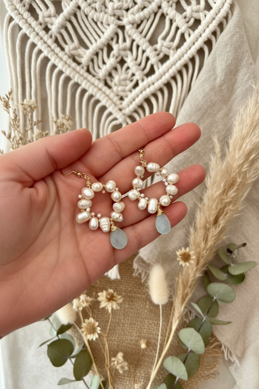 Aqua blue gemstone dangle earrings with pearl cluster - California handcrafted jewelry