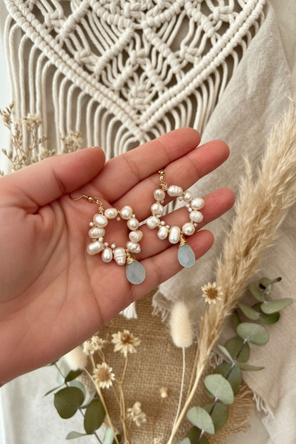 Aqua blue gemstone dangle earrings with pearl cluster - California handcrafted jewelry