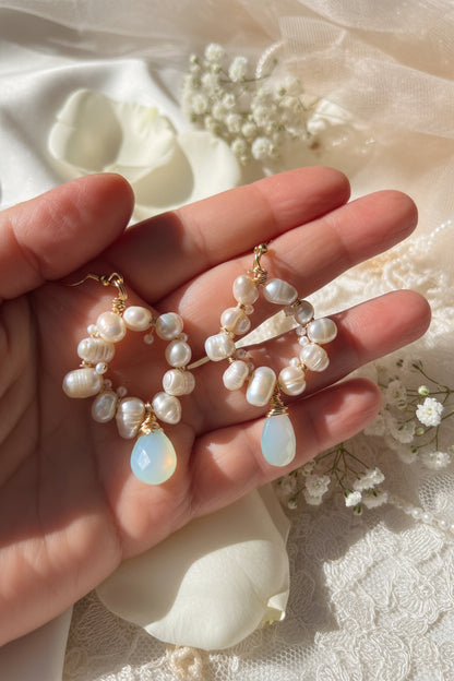 Aqua onyx teardrop earrings with freshwater pearl accents - boho bridal jewelry