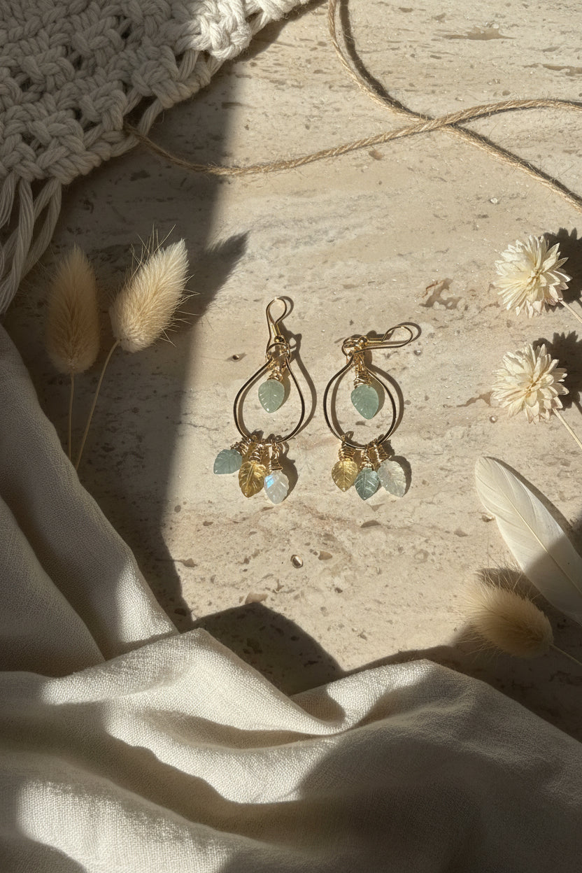 Aquamarine moonstone earrings - delicate leaf shape nickel free for sensitive ears