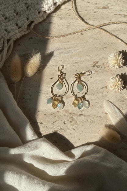Aquamarine moonstone earrings - delicate leaf shape nickel free for sensitive ears