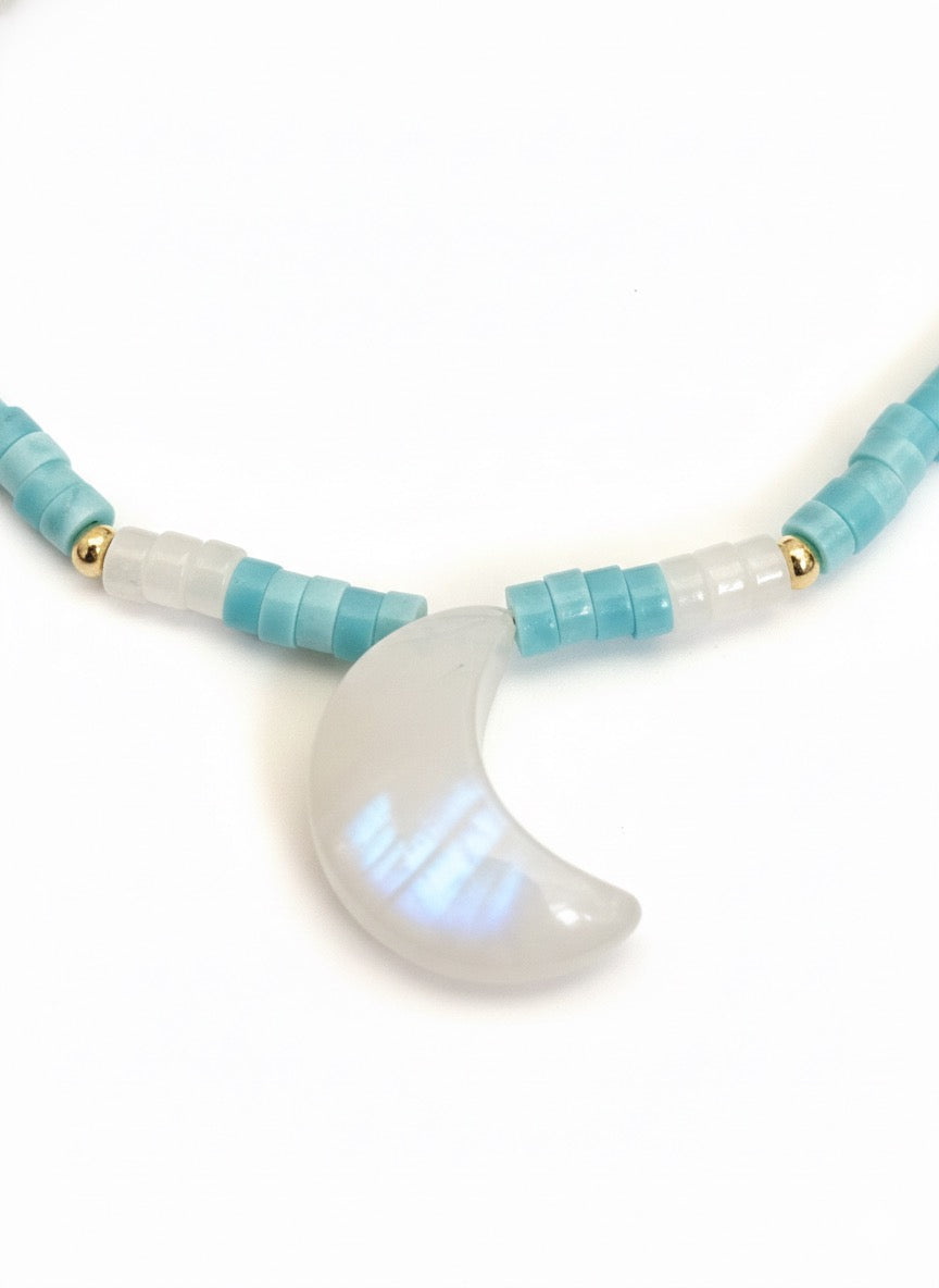 Aquamarine moonstone necklace crescent moon pendant