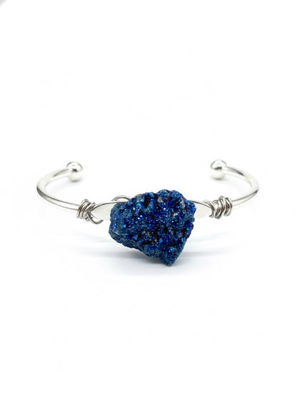 Artisan wire wrapped druzy bracelet showing natural agate stone sparkle - adjustable copper bangle