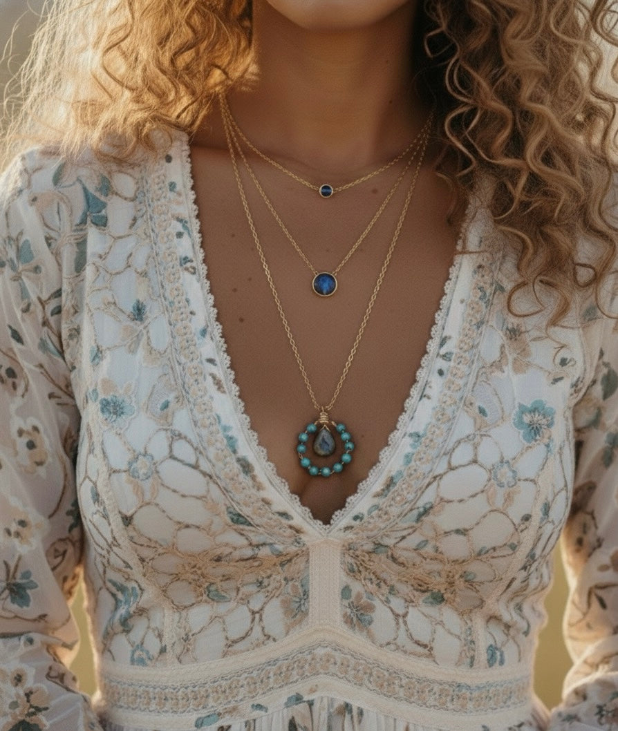 Aurora labradorite necklace worn - turquoise beaded gemstone necklace lifestyle shot