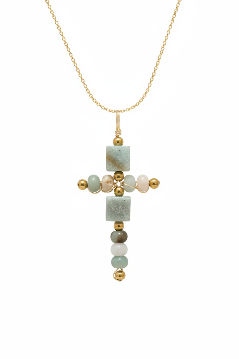 Aventurine cross necklace 14K gold filled or sterling silver - Christian jewelry baptism gift