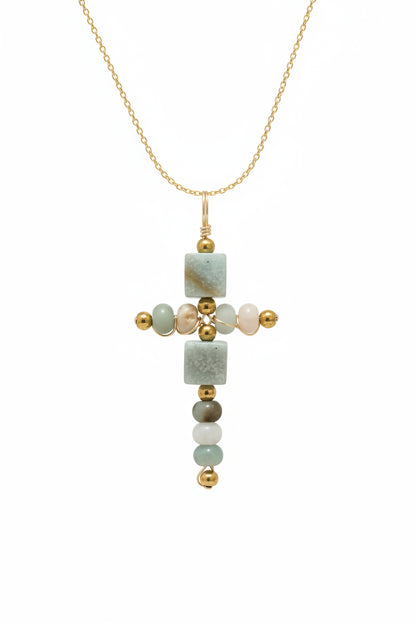 Aventurine cross necklace 14K gold filled or sterling silver - Christian jewelry baptism gift