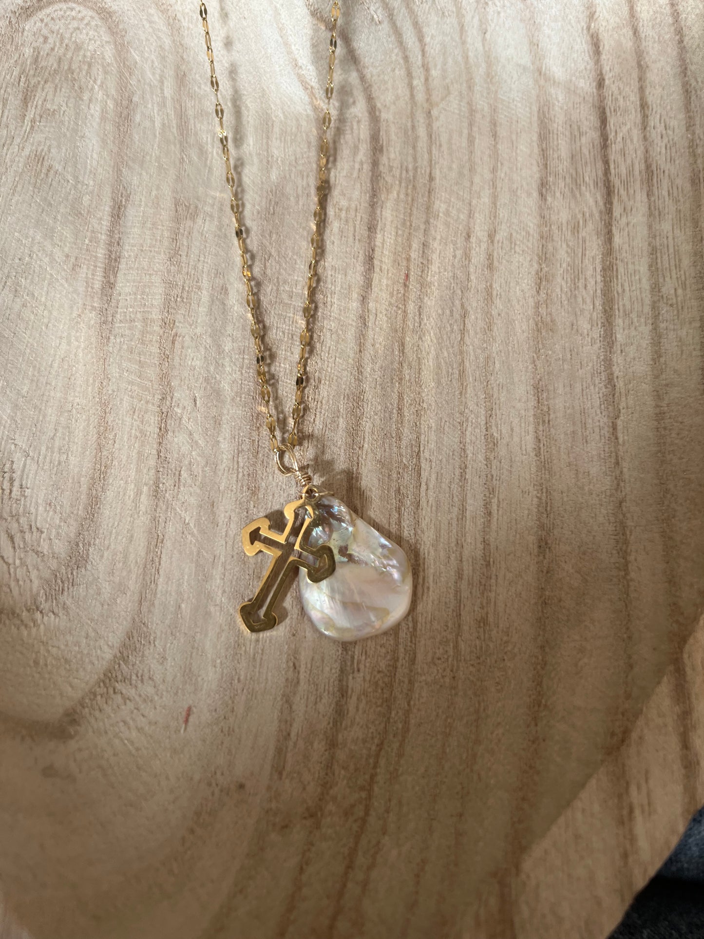 Baroque freshwater pearl necklace gold cross charm detail - one-of-a-kind handmade jewelry