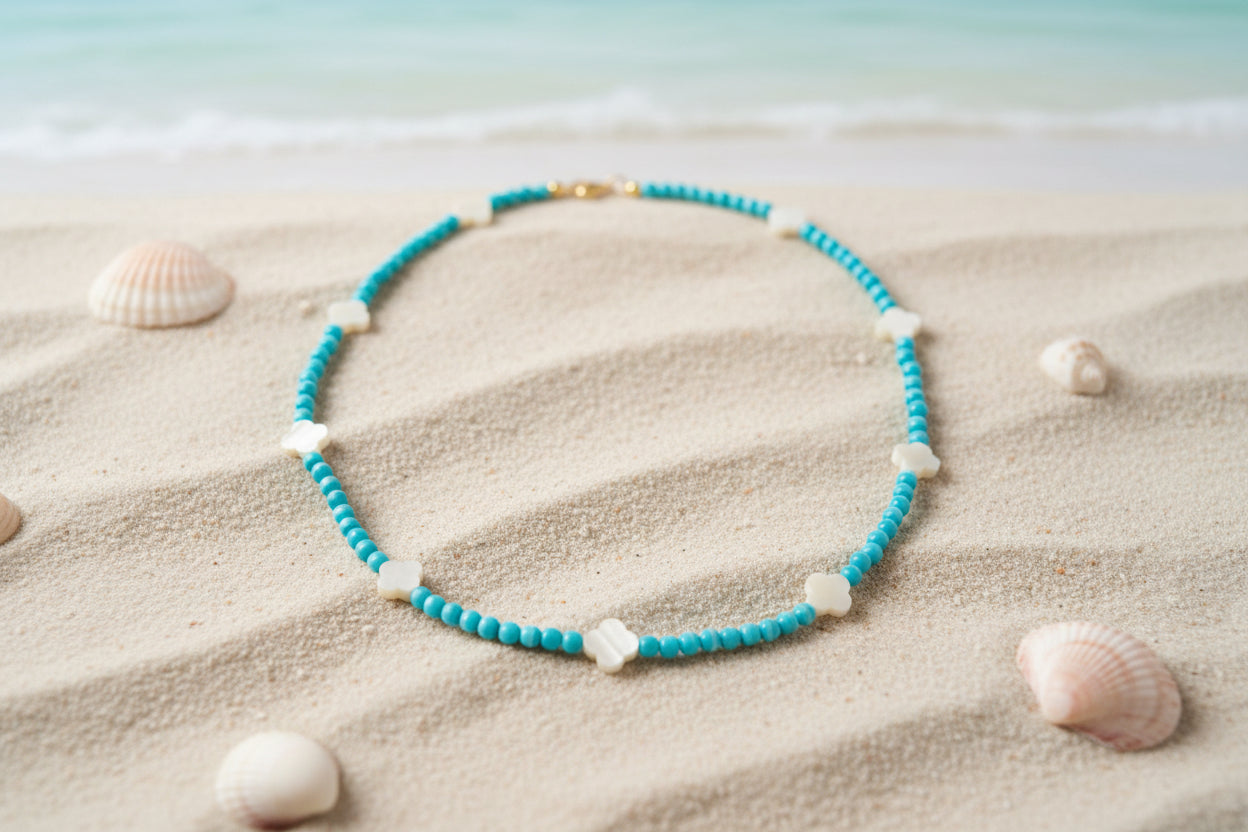 Beach necklace with turquoise and shell beads - one of a kind California