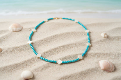 Beach necklace with turquoise and shell beads - one of a kind California