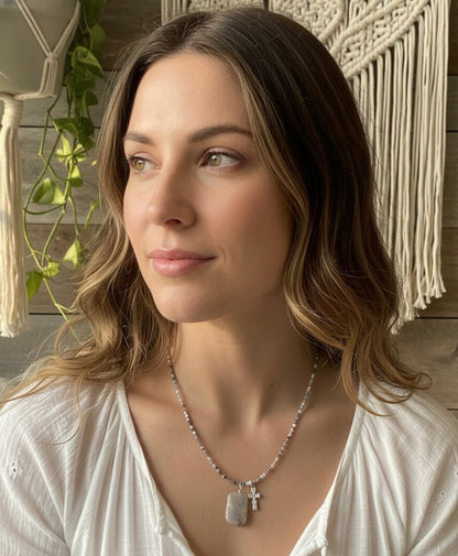 Beaded amethyst necklace natural stone close up detail
