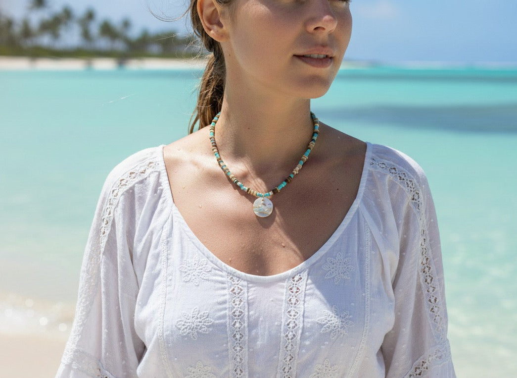 Beaded necklace natural stone mother of pearl pendant - hypoallergenic summer jewelry artisan intarsia