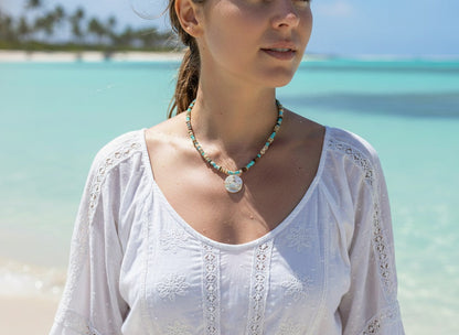 Beaded necklace natural stone mother of pearl pendant - hypoallergenic summer jewelry artisan intarsia