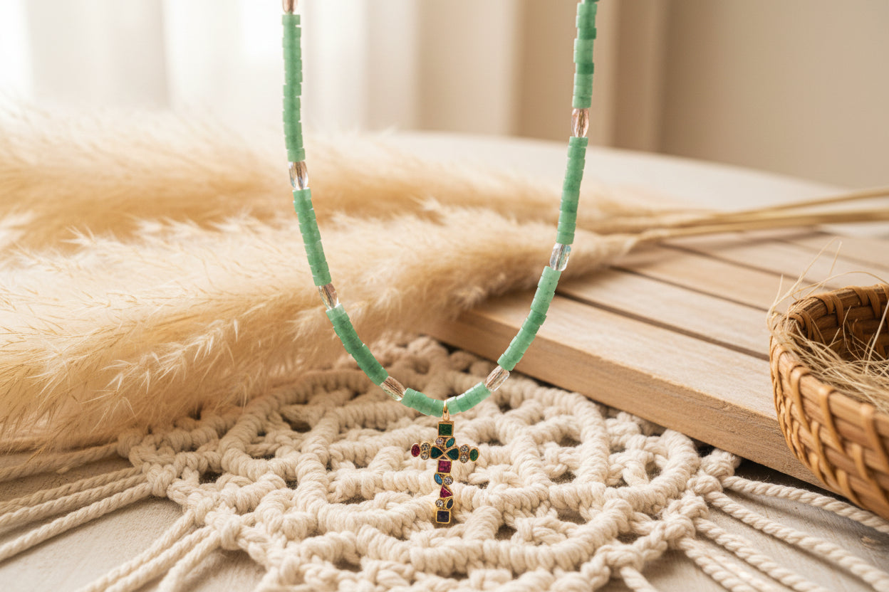 Beaded stone cross necklace close up