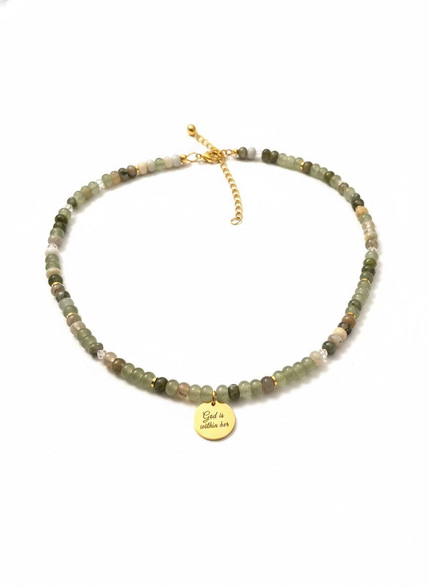 Bible verse necklace close up - God Will Make a Way charm natural stone