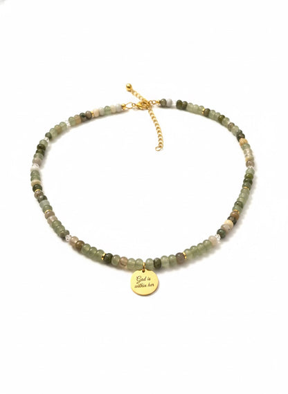 Bible verse necklace close up - God Will Make a Way charm natural stone