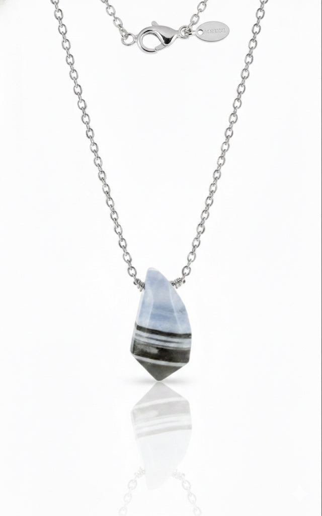 Blue Peruvian opal necklace lifestyle shot - delicate gemstone pendant everyday wear"